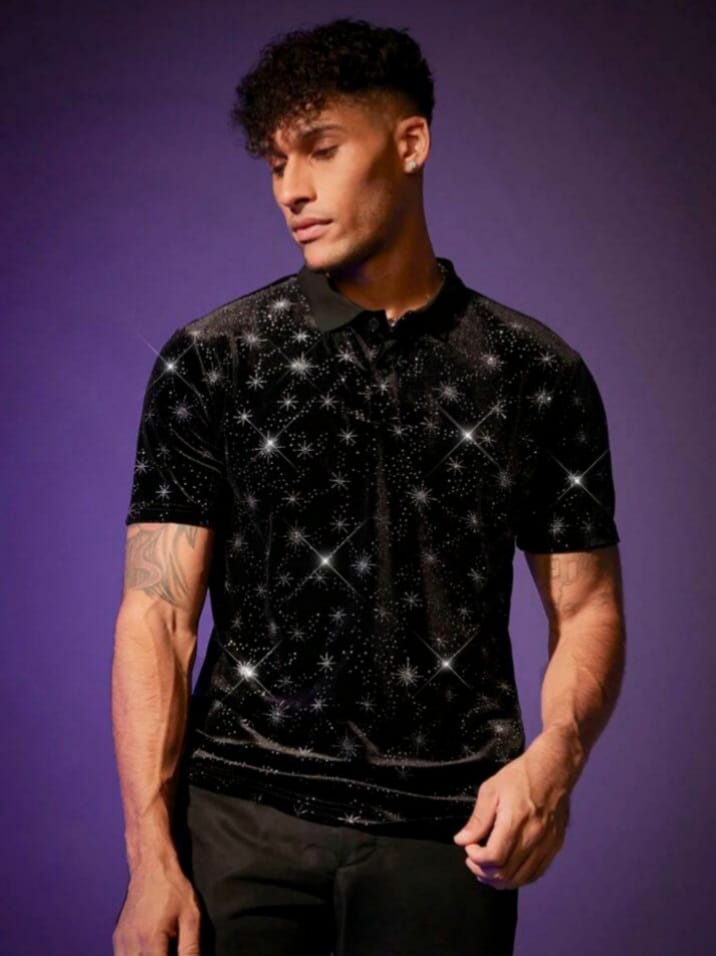 Bonga Boys Men Black Casual Polo Tees With Snowflake Decoration T-Shirt